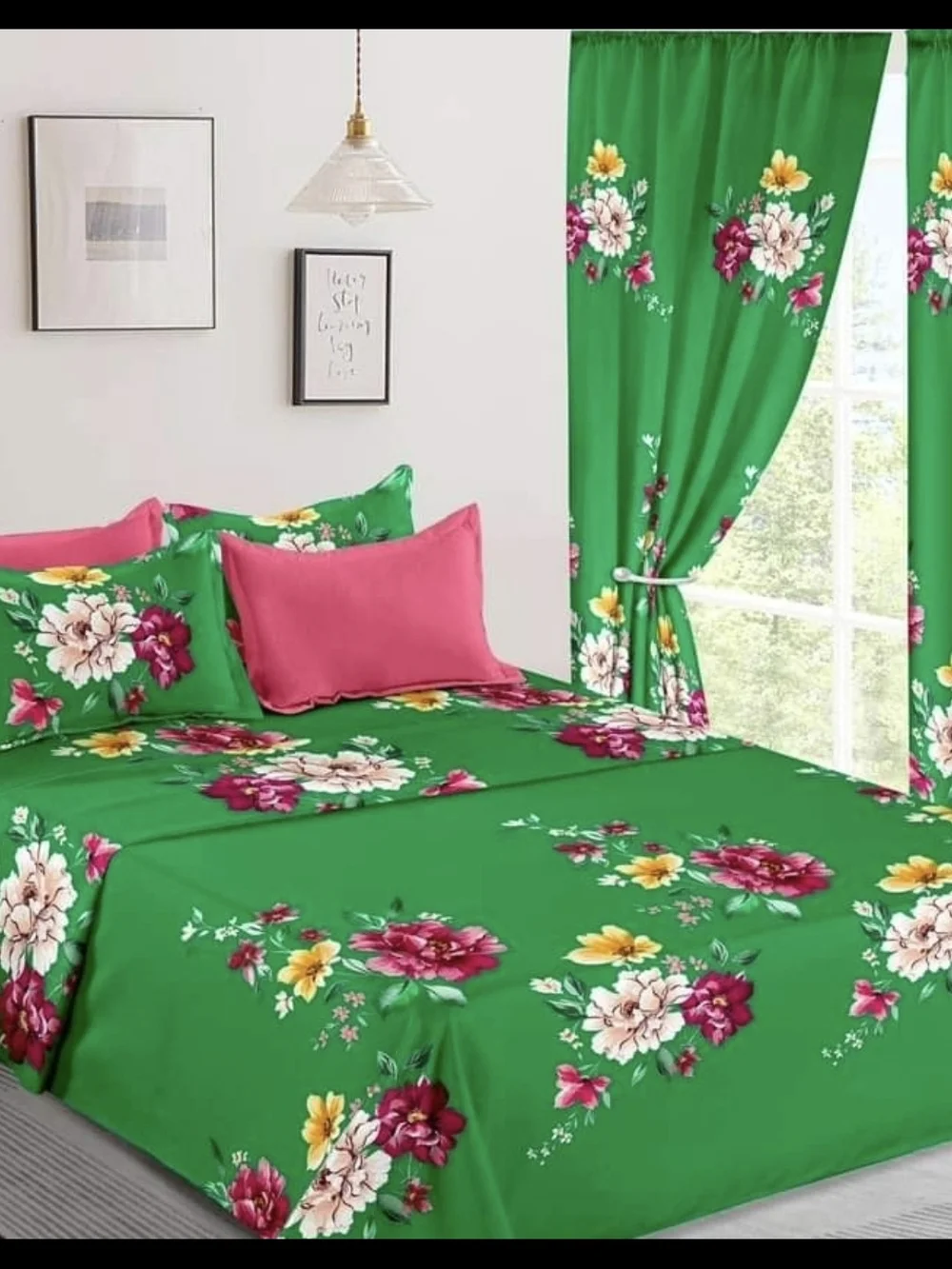 Vibrant Green Floral Bedding Set with Pink Accents